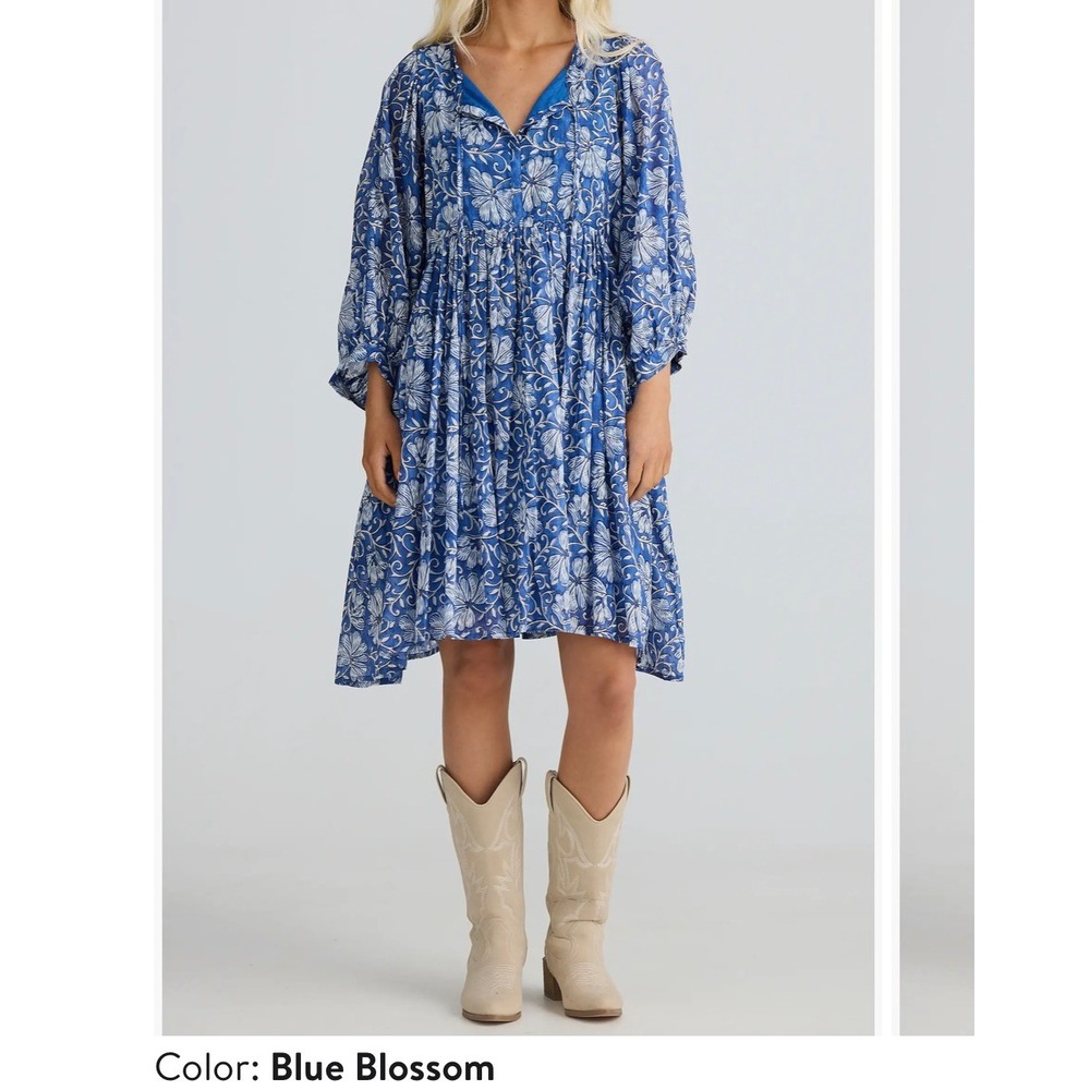 Talisman Blue Blossom Floral Cotton Midi Dress Relaxed Fit Boho S M